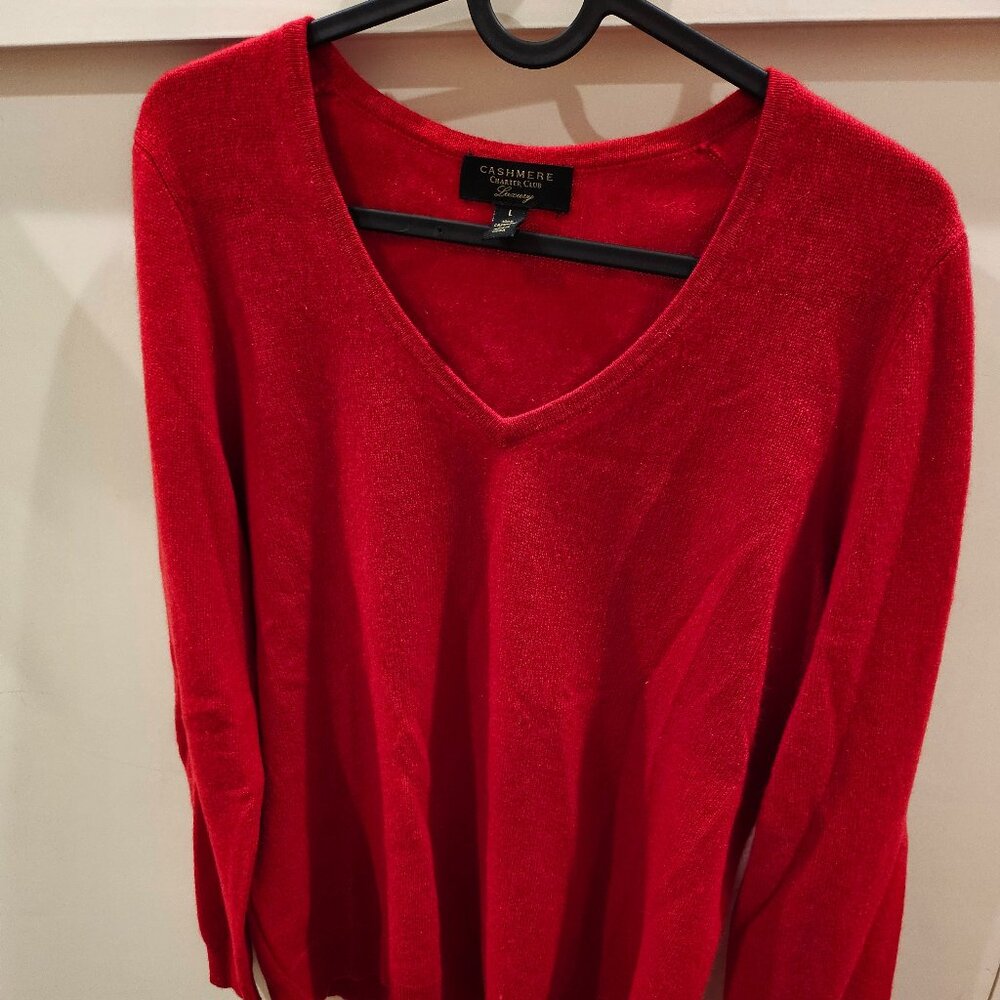 Charter Club Women's L Red 100% Cashmere Long Sleeve Pullover V Neck Sweater
